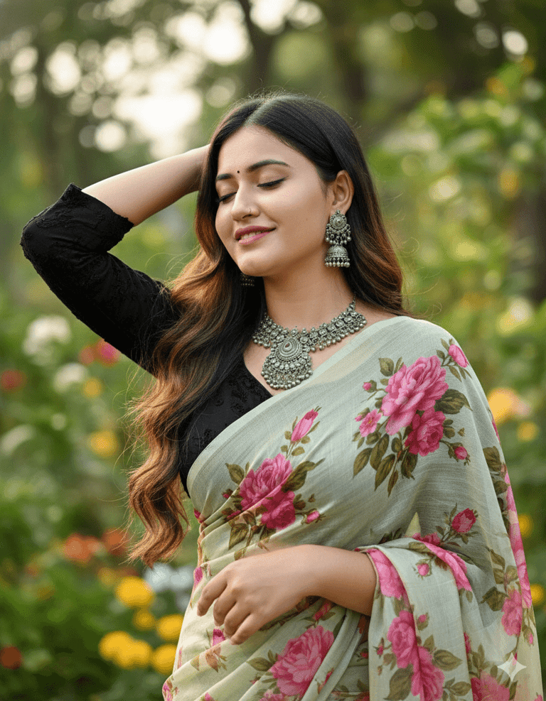 Sage & Silk — Floral Saree Portrait