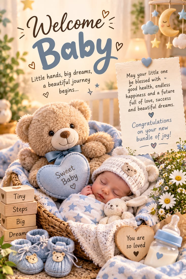 Welcome Baby — Teddy Bear & Blue Stars
