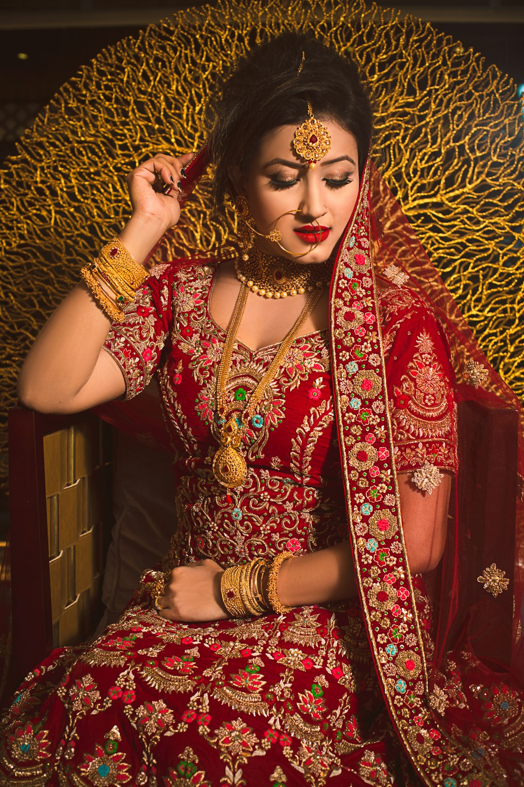 Red and Gold Bridal Portrait