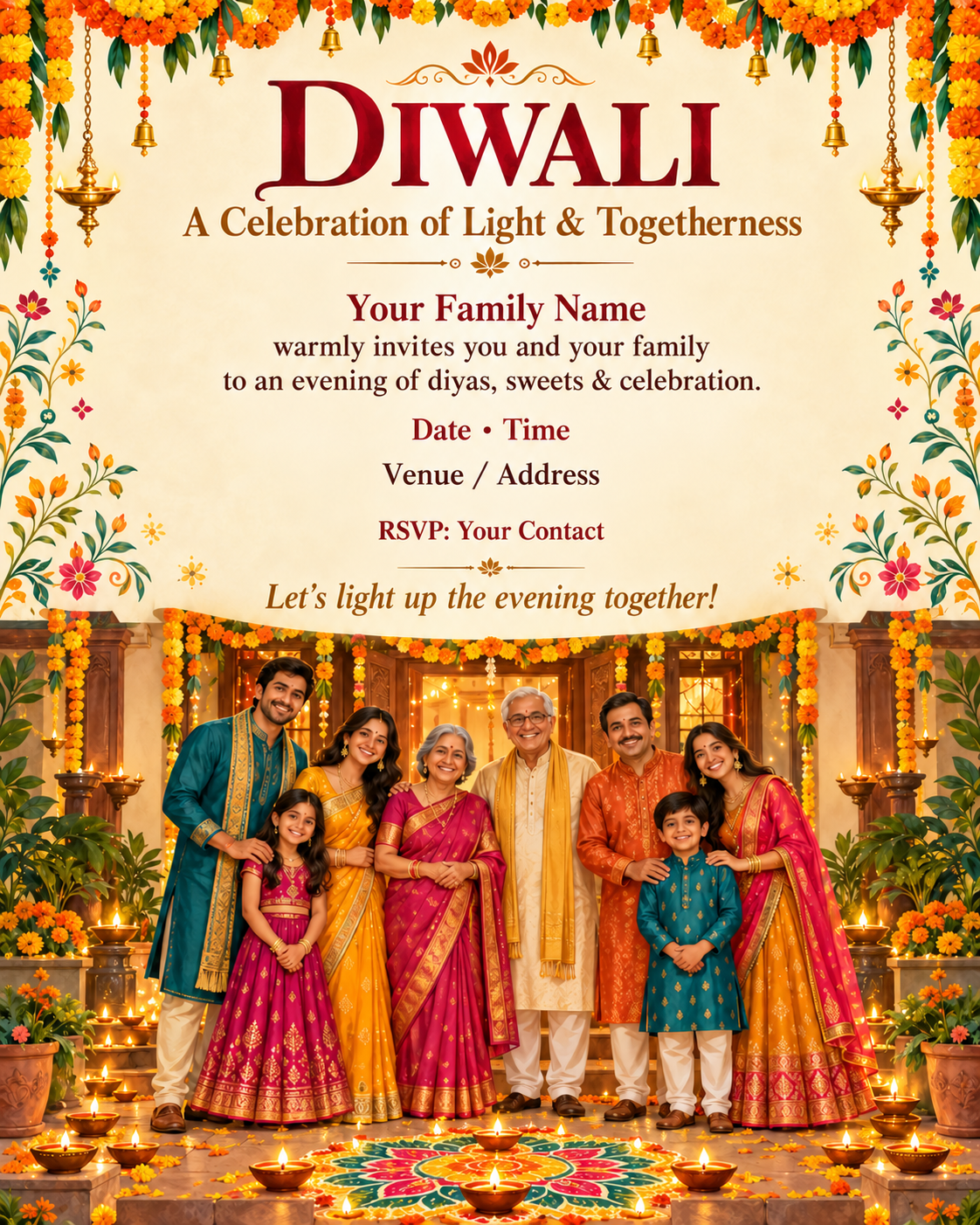 Marigold Courtyard Diwali Family Invitation