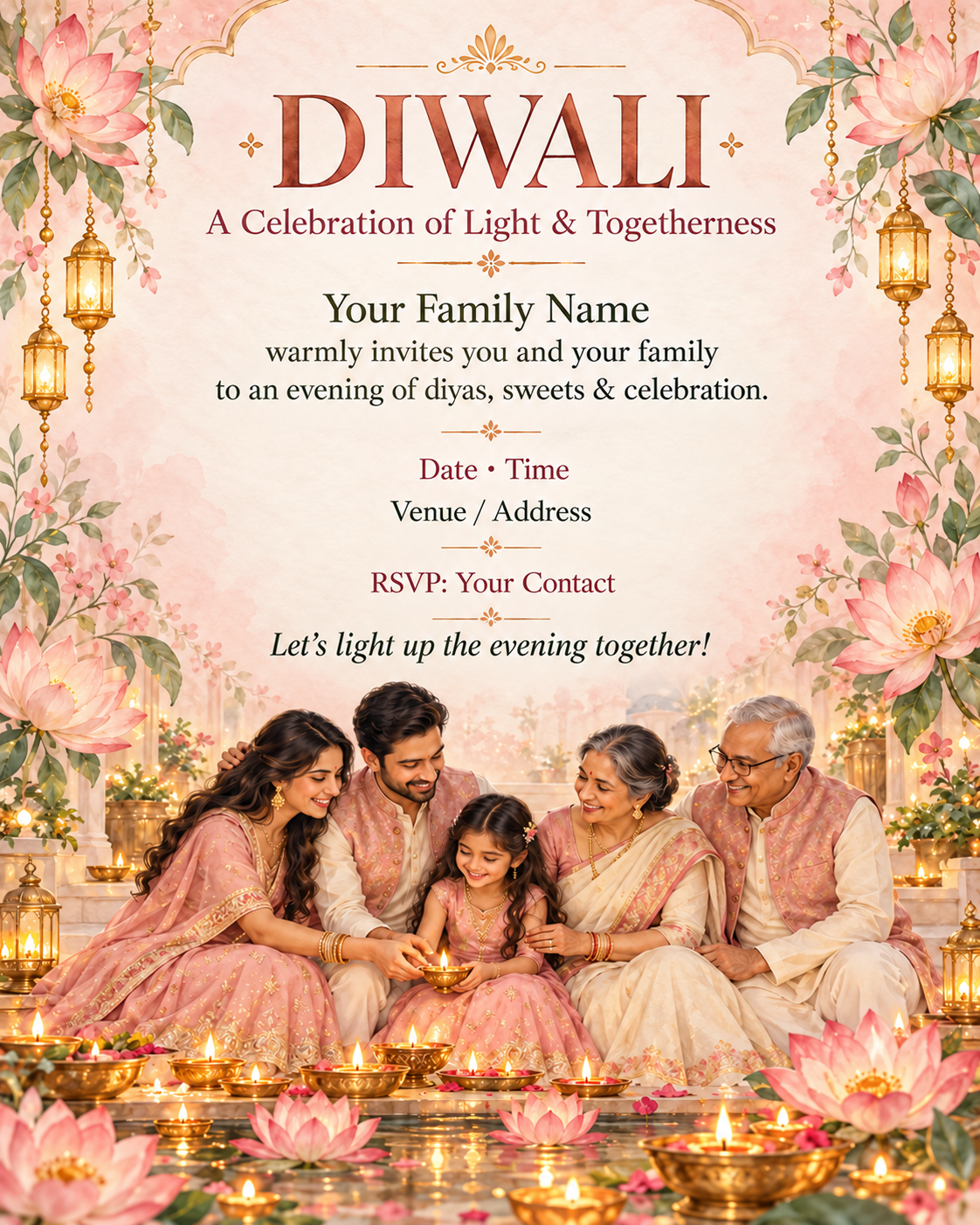 Lotus Pink Diwali Family Invitation