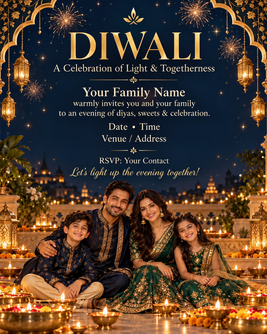 Midnight Blue Diwali Family Invitation